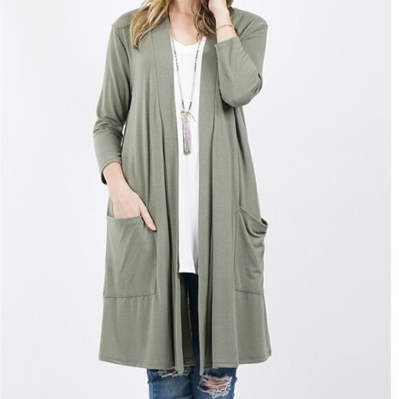 Zenana premium three-quarter sleeve slouchy pocket open cardigan small - Picture 1 of 6